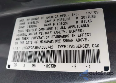 2010 Honda Accord 2.4 Lx from USA, damaged, VIN 1HGCP2F35AA066742